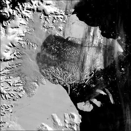 the northern section of the Larsen B ice shelf, a large floating ice mass on the eastern side of the Antarctic Peninsula, shattered and separated from the continent on March 5, 2002, and represents a major impact that climate warming can have on the region