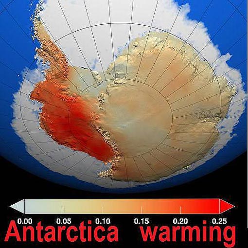 this illustration depicts the warming that scientists have determined has occurred in West Antarctica during the last 50 years, with dark red showing the area that has warmed the most