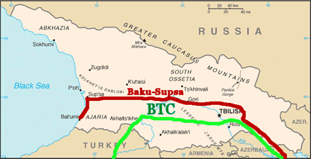 Map of the Baku-Supsa and Baku-Tbilisi-Ceyhan Pipelines through the nation of Georgia Map of the Baku-Supsa and Baku-Tbilisi-Ceyhan Pipelines through the nation of Georgia