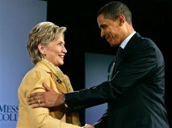 Sen. Hillary Rodham Clinton shakes hands with Sen. Barack Obama during a forum in Grantham Sen. Hillary Rodham Clinton shakes hands with Sen. Barack Obama during a forum in Grantham