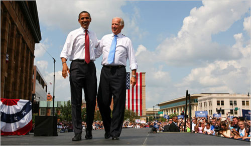 Senator Barack Obama introducing Senator Joseph R. Biden Jr. as his running mate in Springfield, Ill., on Saturday
