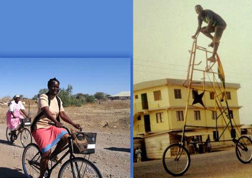 left: women on bike; right: Ghana circus bike