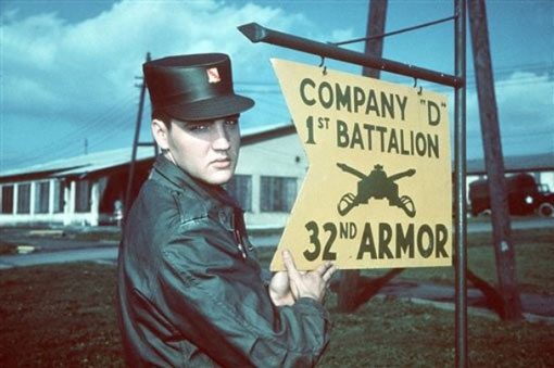 Elvis Presley is seen in this undated file photo in Army uniform at Company ‘D’ 1st Battalion 32nd Armor, barracks area, in Friedberg, Germany