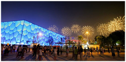 fireworks over National Stadium (known as Bird’s Nest) at opening ceremony rehearsal of 2008 Beijing Olympic Games