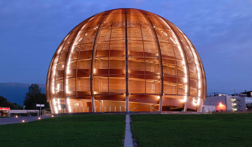 The Globe of Innovation in the morning. The wooden globe is a structure originally built for Switzerland's national exhibition, Expo'02, and is 40 meters wide, 27 meters tall