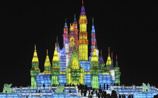 castle made of ice in Harbin, China, at 25th Harbin International Ice and Snow Festival