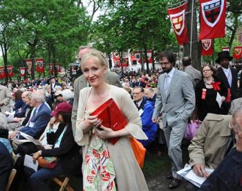Rowling makes her way to the stage before commencement address at Harvard University, June 5, 2008 in Cambridge, Mass.