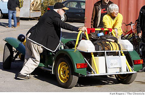 Jack McCornack and Sharon Westcott of Cave Junction, Ore., back their canola-powered car to the starting point in Berkeley