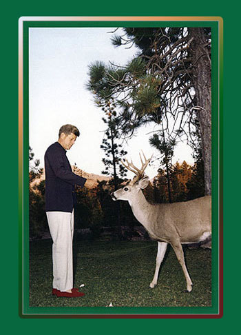 Holiday Greetings from Caroline Kennedy: Photo of President Kennedy feeding bread to a deer in Lassen National Park