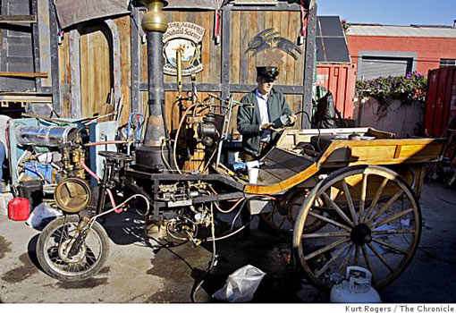 Kimric Smythe fires up Kristy's Flyer, a vegetable-oil-fired steam carriage, before the start of the three-day competition for alternatively fueled vehicles last Saturday in Berkeley