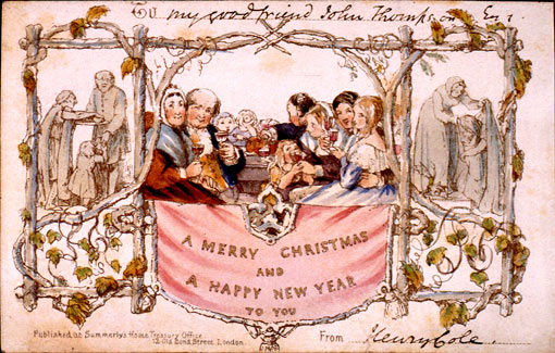 What is believed to be one of the first mass-produced Christmas cards - dating back more than 160 years. designed for Henry Cole by his friend, the English painter John Calcott Horsley (1808-1882) The lithographed card caused a controversy in some quarters of Victorian English society when it was published in 1843 because it prominently features a child taking a sip from a glass of wine.