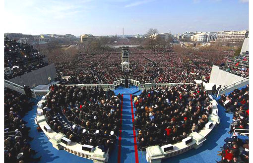 President Barack Obama giving his inaugural address to the millions assembled spectators