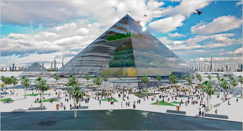 'You could develop a community surrounding each of these vertical farms,' said Dr. Despommier, who believes that striking designs like this pyramid are key to the concept's success. 'You want people to say, 'I want that in my backyard.'