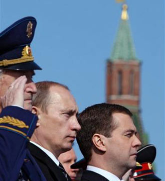 Russian President Dmitry Medvedev, right, and his predecessor who became Prime Minister, Vladimir Putin
