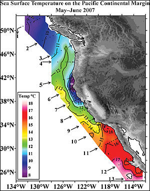 cold waters (very low pH values) form the core of the upwelled waters that are corrosive to shells