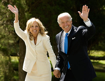 Sen. Joe Biden, D-Del., and his wife, Jill, prepare to leave their home, Saturday, Aug. 23, 2008, in Greenville, Del., to join Democratic presidential candidate Sen. Barack Obama for a rally in Illinois, where it was announced he was chosen to be the vice presidential candidate
