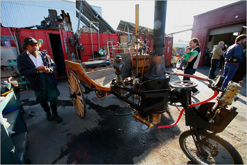 Shannon O'Hare made final adjustments to his vegetable-oil-fired, steam-powered vehicle, a highly modified horse cart