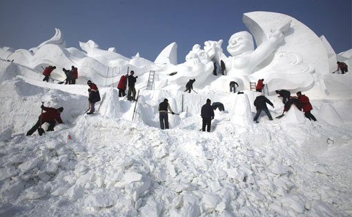 snow sculpture taking shape at Harbin Snow Festival