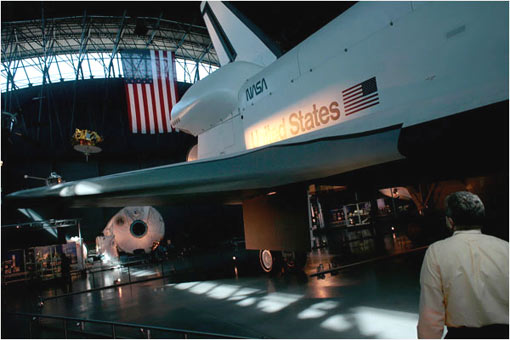 the space shuttle Enterprise, which was designed solely for flight testing in the atmosphere, was also used in tests that helped determine why the shuttle Columbia disintegrated during re-entry in 2003. The testing scars are visible on the Enterprise's left wing