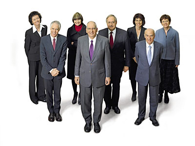 2008. Left to right: Eveline Widmer-Schlumpf, Moritz Leuenberger, Micheline Calmy-Rey, President Pascal Couchepin, Samuel Schmid, Doris Leuthard, Hans-Rudolf Merz and Federal Chancellor Corina Casanova. photographed by Béatrice Devènes and Dominic Büttner 2008. Left to right: Eveline Widmer-Schlumpf, Moritz Leuenberger, Micheline Calmy-Rey, President Pascal Couchepin, Samuel Schmid, Doris Leuthard, Hans-Rudolf Merz and Federal Chancellor Corina Casanova. photographed by Béatrice Devènes and Dominic Büttner