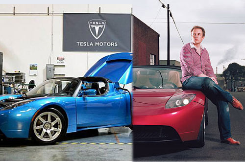 Tesla Motors Product Architect and Engineer Elon Musk with high-performance Tesla Roadster