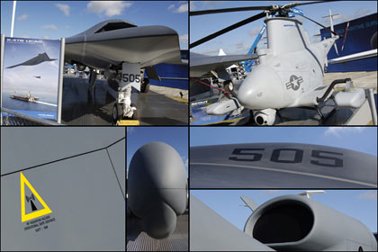 Unmanned aircrafts: Northrop Grumman has three on show, the X-47B Unmanned Combat Air System, Global Hawk and the MQ-8B Fire Scout VTOL helicopter