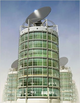 vertical farm design modeled after the Capitol Records building in Los Angeles features a prominent renewable energy source: a rotating solar panel that, like a sunflower, gyrates to face the sun