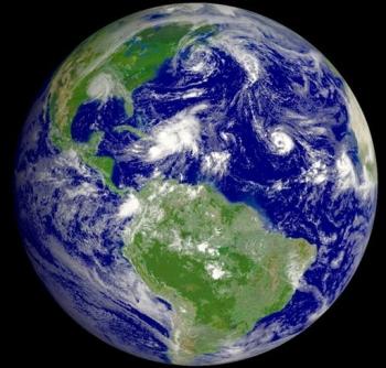 full disk Western Hemisphere view of the Earth in September 2008 NOAA satellite image