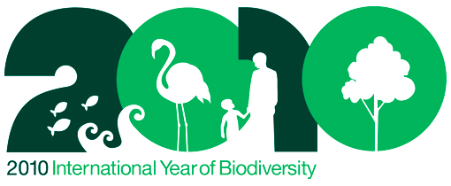 2010 International Year of Biodiversity. In the logo, symbolizing biodiversity, include fish, waves, a flamingo, an adult and child, and a tree.