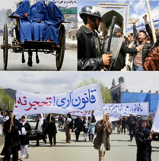 Top left: Burka-covered women ride in a cart in Jalalabad. Some in Afghanistan fear that the rights women won after the fall of the Taliban could be reversed. Top right: An Afghan police officer pushes a counter-protester during a demonstration in Kabul. Bottom: Afghan Shia women protest against a new marriage law Wednesday in Kabul. A group of some 1,000 Afghans swarmed the demonstration by 300 women Wednesday.