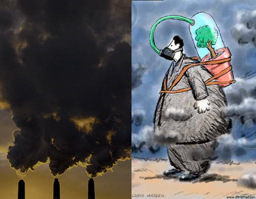Left: Air Pollution; Right: Air Pollution Illustration / Clean air illustration