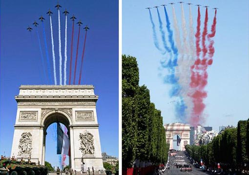 9 Alphajets from the French Air Force's Patrouille de France, or French Aerobatic Patrol, fly in formation over the Arc de Triomphe, trailing the colours of the French flag