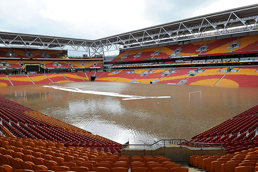 Suncorp Stadium is submerged as flood waters inundate Brisbane on January 12 2011