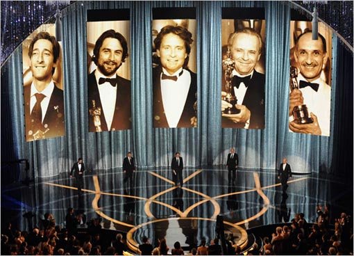 former Oscar winners Adrien Brody, Robert DeNiro, Michael Douglas, Anthony Hopkins and Ben Kingsley presented the award for best actor, which was won by Sean Penn for his role in Milk