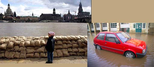 Left: A little girl in Dresden looks at the sandbanks stacked up against the walls of the Elbe river; Right: Around 5 million people, in 2 million properties live in flood risk areas in England and Wales.