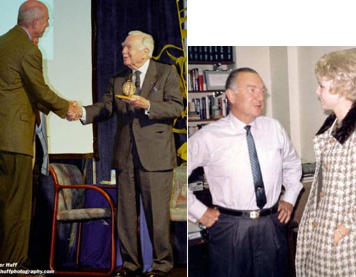 Left: Walter Cronkite receives the Scripps Institute of Oceanography award for his efforts in highlighting science in the media; Right: WEWS Jenny Crimm with Walter Cronkite