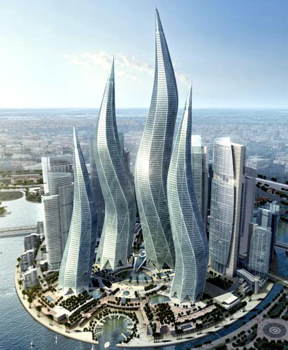 the four towers, ranging from 54 to 97 floors, are clustered to form a choreographed sculpture