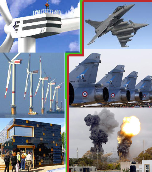 left: Germany leading world in solar power; right: French fighter planes soar over Libya