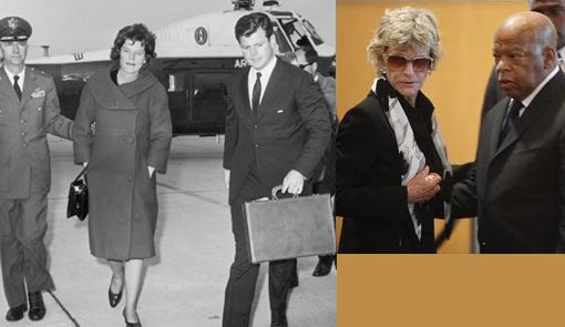 Left: Eunice Kennedy Shriver with her youngest brother, Senator Edward Kennedy after JFK's assassination, pictured in 1963. Eunice, the founder of the Special Olympics, died in 2009 at the age of 88. Her husband Robert Sargent Shriver was a long-time public servant who, among other things, started the Peace Corps. Right: Jean Kennedy Smith, Sen. Edward Kennedy's sister and the last surviving Kennedy sibling is visited by U.S. Rep. John Lewis, D-GA., as he pays his respects at the John F. Kennedy Presidential Library in Boston, Friday morning, Aug. 28, 2009. Kennedy died late Tuesday night of brain cancer.