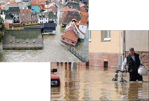 Left: Prague during the devastating summer floods which swept through Eastern Europe; Right: A Czech man carries his belongings as he walks through waters of the Morava river flooding parts of Olomouc in the Czech Republic