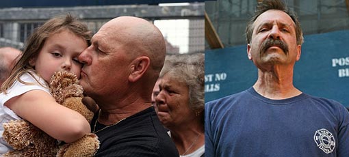 Left: Former FDNY Firefighter Ralph Geidel worked on The Pile for 230 days after 9/11 searching for the remains of his brother, Firefighter Gary Geidel of Rescue 1, who died on 9/11. Ralph, who had a radical neck dissection to remove cancerous lymph nodes and a carcinoma from his tongue, wants the search for remains to continue at the Deutsche Bank Building, shown here behind him, before it is torn down. Right: Jospeh Zadroga, father of NYPD Detective James Zadroga whose death was linked directly to 9/11 exposure, holds his son's daughter Tyler Ann at a rally at Ground Zero for responders and recovery workers, as his wife Linda tries to contain her emotions. Left: Former FDNY Firefighter Ralph Geidel worked on The Pile for 230 days after 9/11 searching for the remains of his brother, Firefighter Gary Geidel of Rescue 1, who died on 9/11. Ralph, who had a radical neck dissection to remove cancerous lymph nodes and a carcinoma from his tongue, wants the search for remains to continue at the Deutsche Bank Building, shown here behind him, before it is torn down. Right: Jospeh Zadroga, father of NYPD Detective James Zadroga whose death was linked directly to 9/11 exposure, holds his son's daughter Tyler Ann at a rally at Ground Zero for responders and recovery workers, as his wife Linda tries to contain her emotions.