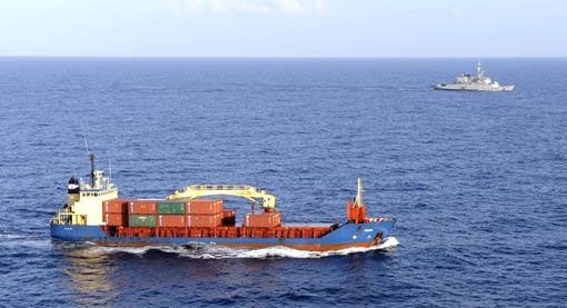 French frigate, Le Floreal watches over the Danish ship ‘Puma’ which is carrying sensitive cargo, on January 11, 2009, in the Gulf of Aden