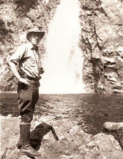 Howard Zahniser at Hanging Spear Falls on the Opalescent River, August 1946 (photo by Paul Schaefer)... Quote: it was here in New York State, down in Albany in 1953, that Zahnie, as some of you knew my father, urged the Joint Legislative Committee on Natural Resources that 'We must not only protect the wilderness from commercial exploitation. We must also see that we do not ourselves destroy its wilderness character in our own management programs. We must remember always that the essential quality of the wilderness is its wildness.' ... My father called the Forest Preserve 'a brilliant and noble concept.'