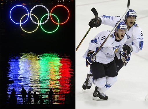 Left: Olympic rings illuminated in the harbor outside the Vancouver Convention Centre. Right: Ice Hokey - Team Finland. Saku Koivu, Teemu Selanne, Jere Lehtinen and Kimmo Timonen are likely in their last Olympic Games. The foursome has been a part of every Olympic Games since the NHL began participating in 1998. Finland has shown itself to be a strong international team at the senior level, often surpassing pre-competition expectations.