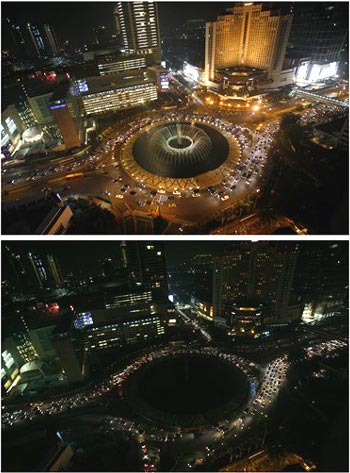 before and after the lights at the main roundabout at the main business district are turned off during Earth Hour in Jakarta, Indonesia, Saturday, March 28, 2009