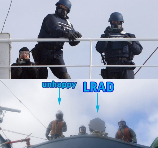 Top: photo shows what is claimed to be Japanese Coast Guard officials throwing ‘flash grenades’ at an anti-whaling vessel; bottom: Japanese whaler deploys military-class weapon against Sea Shepherd.