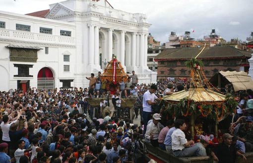 the chariot of the Living Goddess and other deities is paraded around town for worship on the last day of the Indra Jatra festival in Kathmandu September 19, 2008 the chariot of the Living Goddess and other deities is paraded around town for worship on the last day of the Indra Jatra festival in Kathmandu September 19, 2008