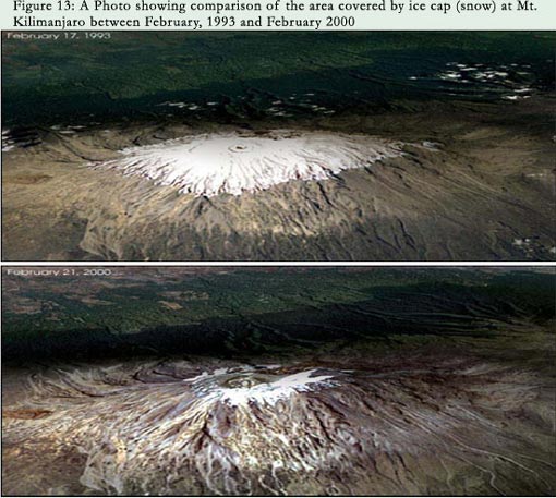 comparison of area covered by ice cap (snow) at Mt. Kilimanjaro between Feb. 1993 and Feb. 2000