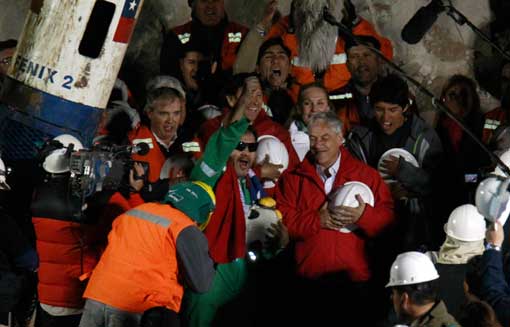 Luis Urzua, the last miner to be rescued, next to Chile's President Sebastian Pinera