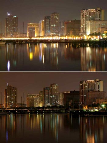 A commercial and residential district reflected on Manila Bay before (top) and during (below) Earth Hour in Metro Manila, Philippines 28 March 2009. The Philippines joined countries around the world in symbolically switching off non-essential lights for one hour to create awareness about the dangers of climate change A commercial and residential district reflected on Manila Bay before (top) and during (below) Earth Hour in Metro Manila, Philippines 28 March 2009. The Philippines joined countries around the world in symbolically switching off non-essential lights for one hour to create awareness about the dangers of climate change